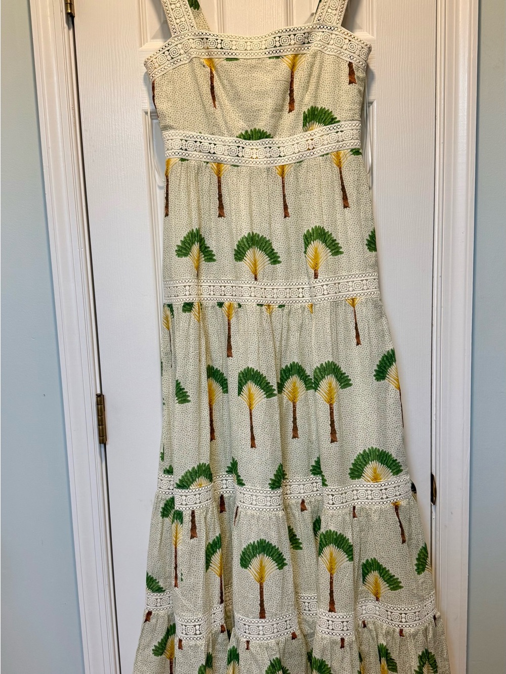 Calypso St. Barth Cream Maxi Dress with Green & Yellow Palm Print - Picture 2 of 7